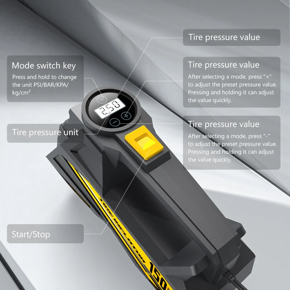 CARSUN Corded Portable Car Air Pump 12V 150PSI Electric Tire Inflator Pump Motorcycle Bike Ball LED Light Car Air Compressor