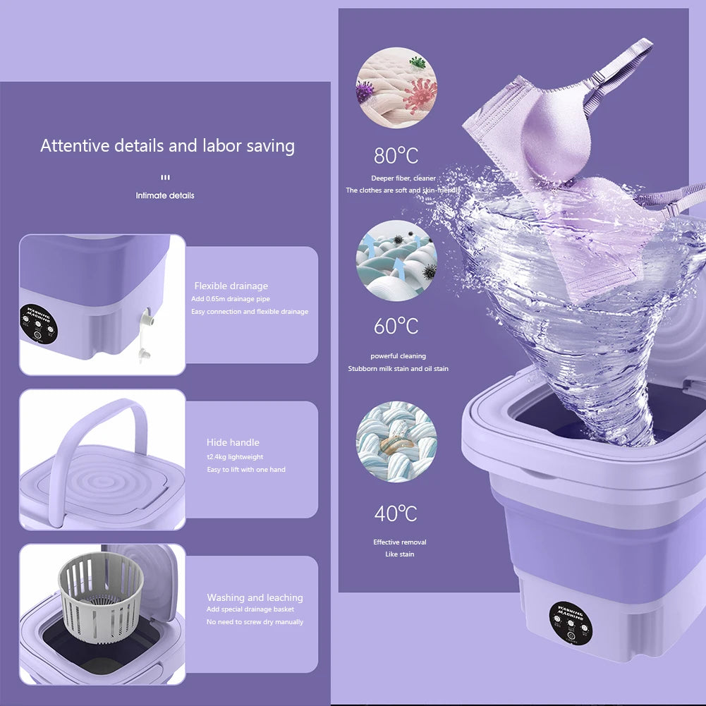 8L Foldable Washing Machine Portable Mini Socks Underwear Panties Washing Machine 12W 3 Modes Automatic Spinning Dry Washer
