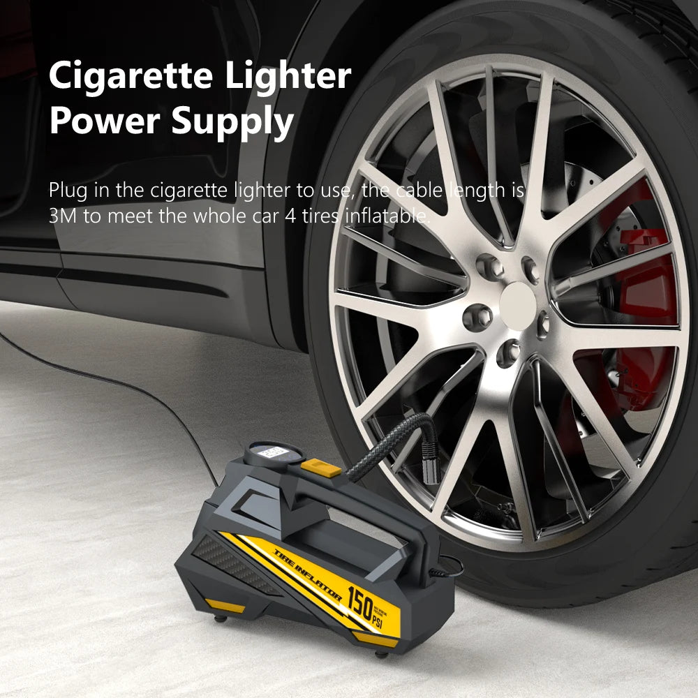 CARSUN Corded Portable Car Air Pump 12V 150PSI Electric Tire Inflator Pump Motorcycle Bike Ball LED Light Car Air Compressor