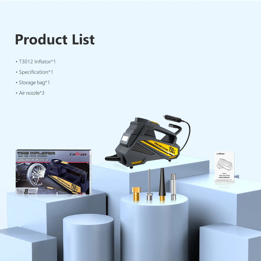 CARSUN Corded Portable Car Air Pump 12V 150PSI Electric Tire Inflator Pump Motorcycle Bike Ball LED Light Car Air Compressor